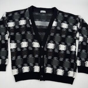 Vintage‎ AREA Black White Gray Plaid Button V Neck Cardigan Sweater Men's Large